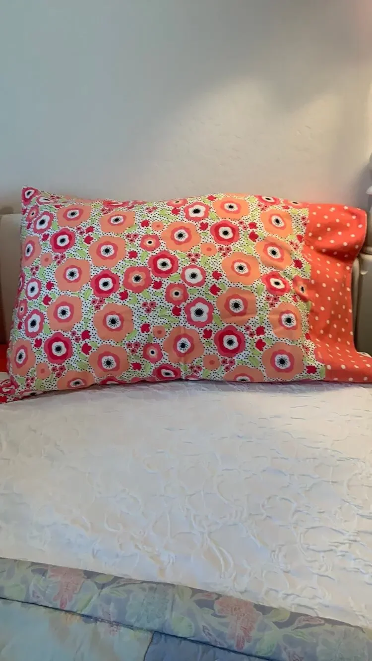 Handmade Floral Flannel Pillowcase - Coral Blooms, Polka Dot Border